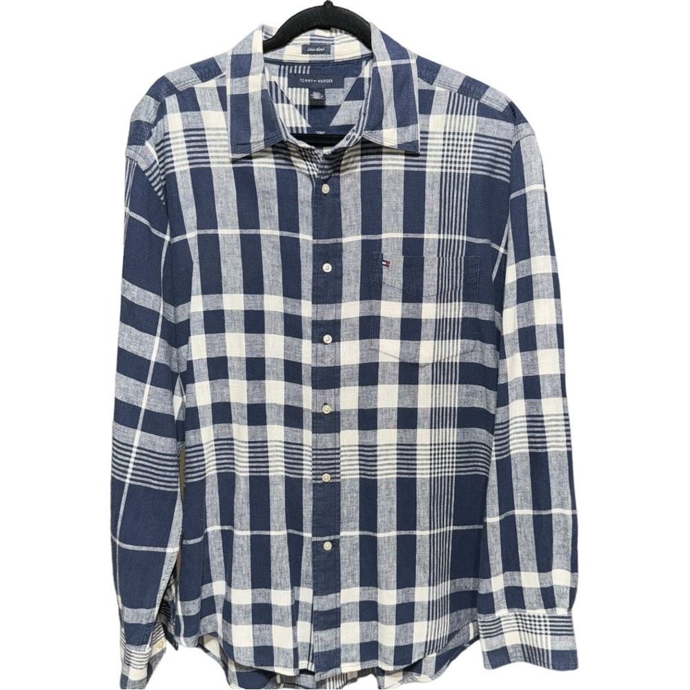 TOMMY HILFIGER Linen Blend Shirt Men's Size Large Blue White Plaid Long Sleeve
